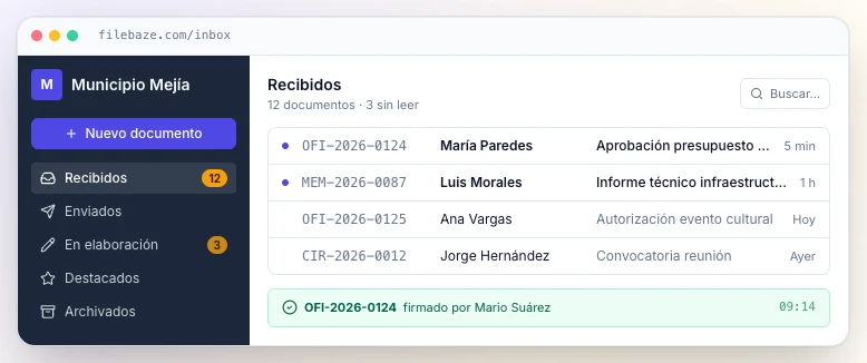 Bandeja de documentos recibidos en Filebaze